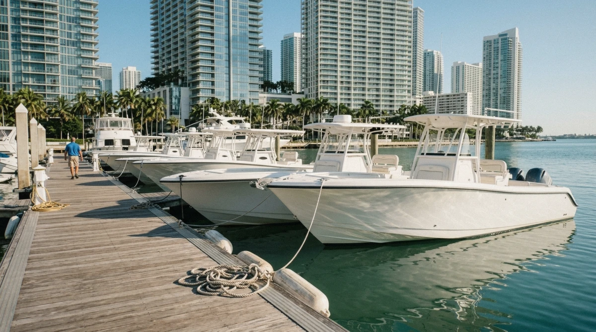 Charter boats at a sunny downtown Miami marina where BYOB boat rental trips on Biscayne Bay begin