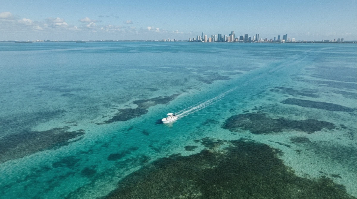 Aerial view of turquoise flats crossed by a boat on a private sandbar boat trip in Miami on Biscayne Bay