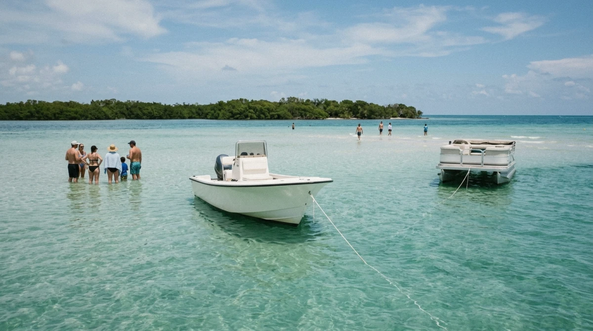 Boats anchored in waist-deep turquoise water on a Haulover sandbar boat trip near Miami