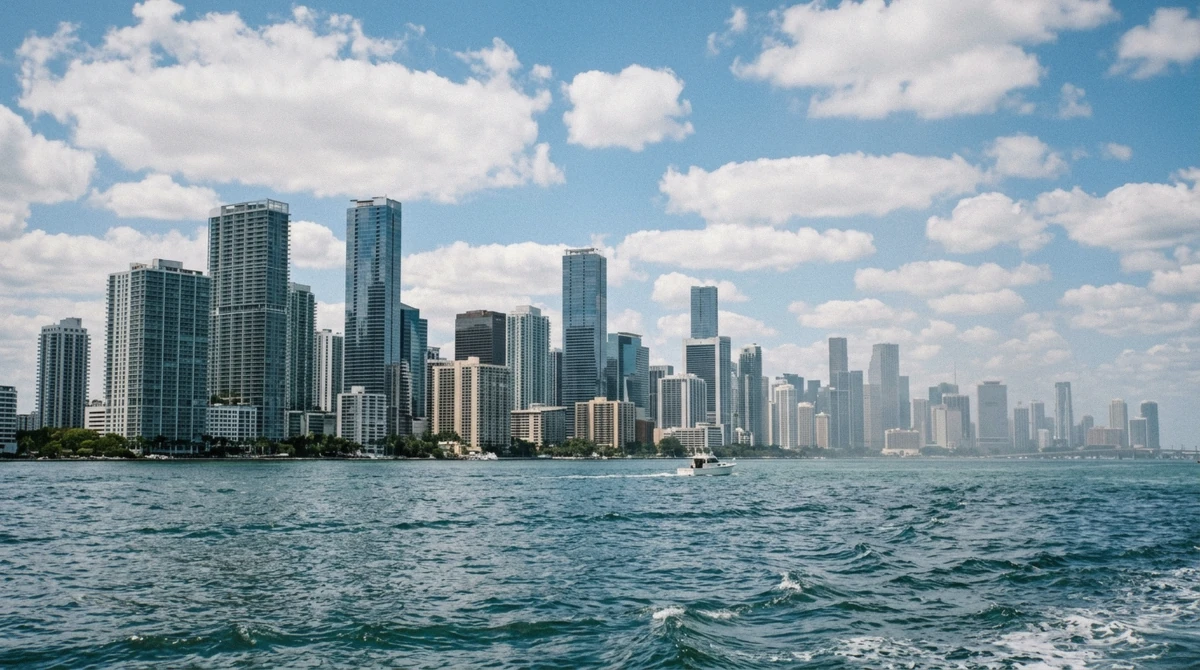 Downtown Miami skyline over Biscayne Bay as seen from a private celebrity homes boat tour in Miami