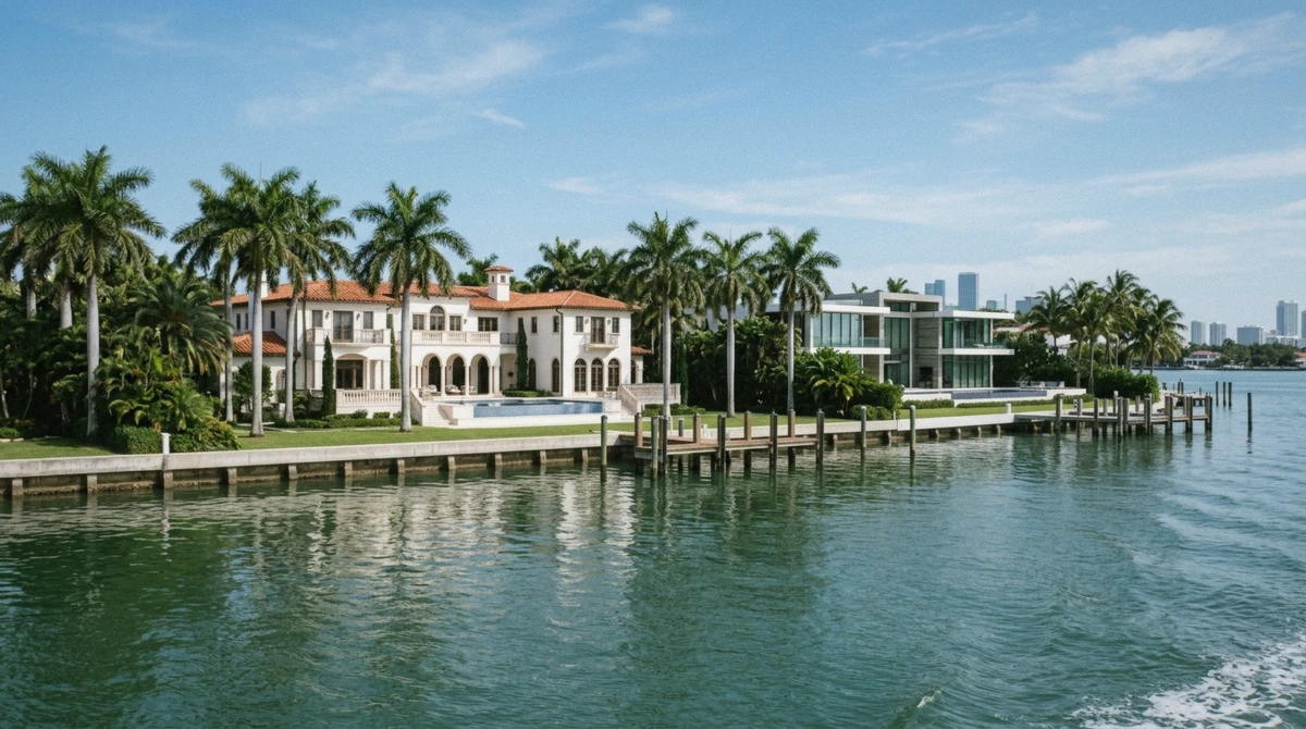 Waterfront mansions and royal palms seen from the water on a celebrity homes boat tour in Miami passing Star Island