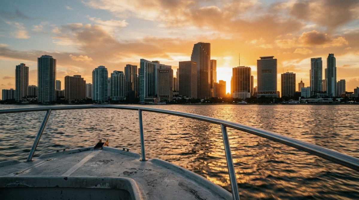 Golden hour over the Miami skyline from the bow during a sunset champagne yacht cruise on Biscayne Bay